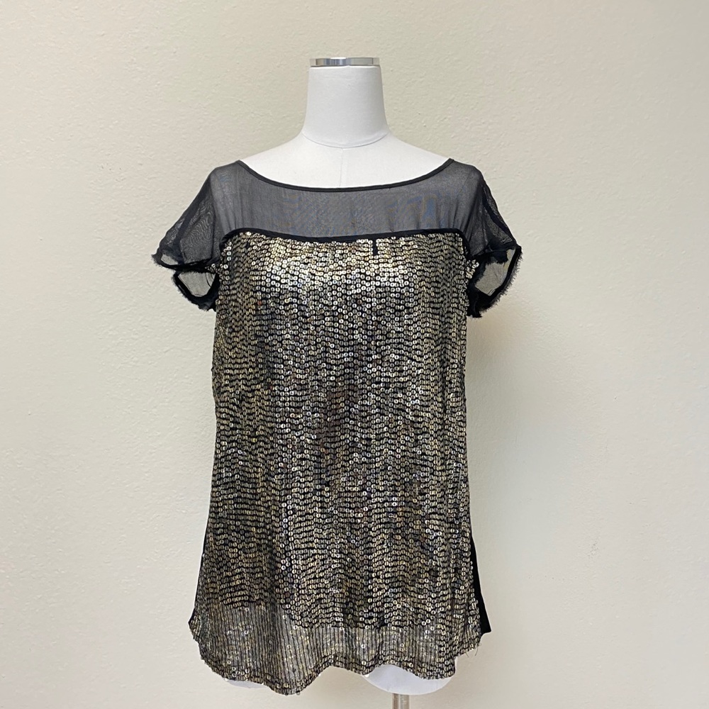 ⭐️SOLD⭐️Gold Sequin Sheer Top Satin Back Rebecca